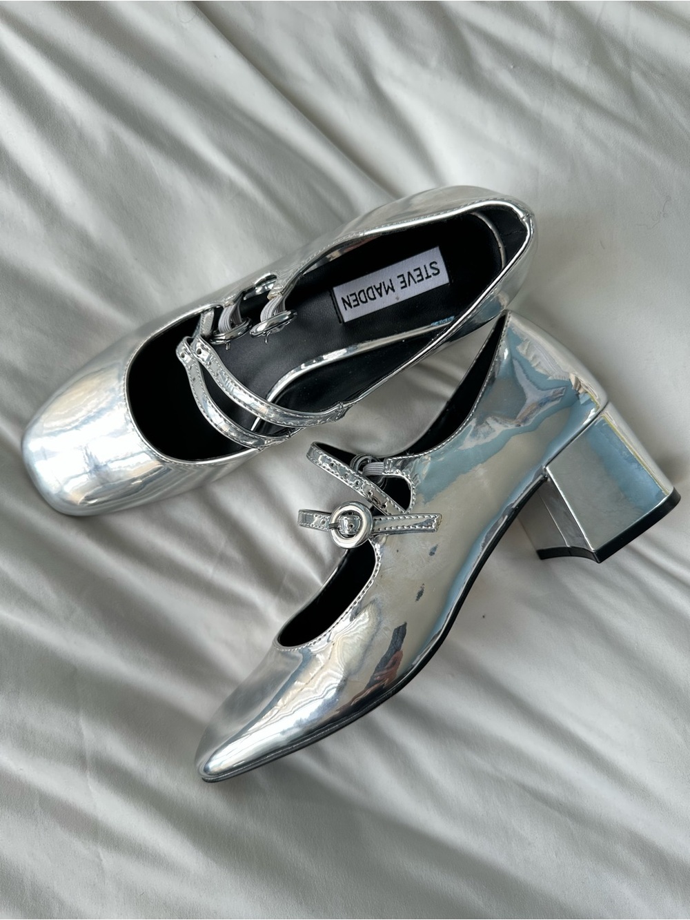 Steve Madden Metallic Silver Mary Jane Block Heels